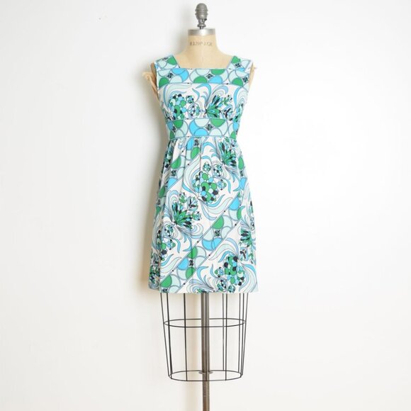 vintage 60s dress blue green psychedelic floral graphic print babydoll mini XS - Picture 2 of 10